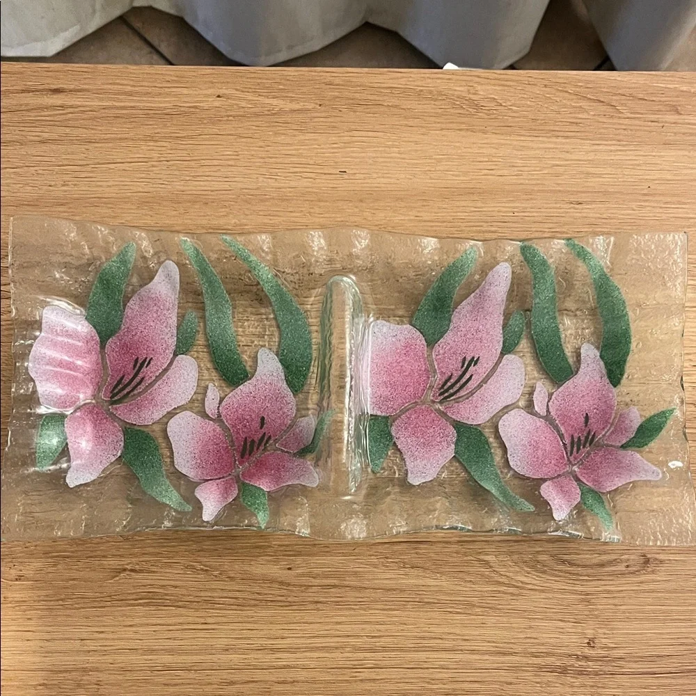 Vintage Fused Pink Green Floral Rectangular Serving Dish, Fused Glass Tray